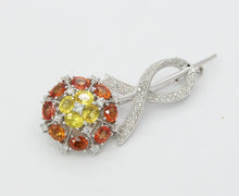 Load image into Gallery viewer, Vintage 18K White Gold Yellow Orange Sapphires Diamonds Brooch Pin
