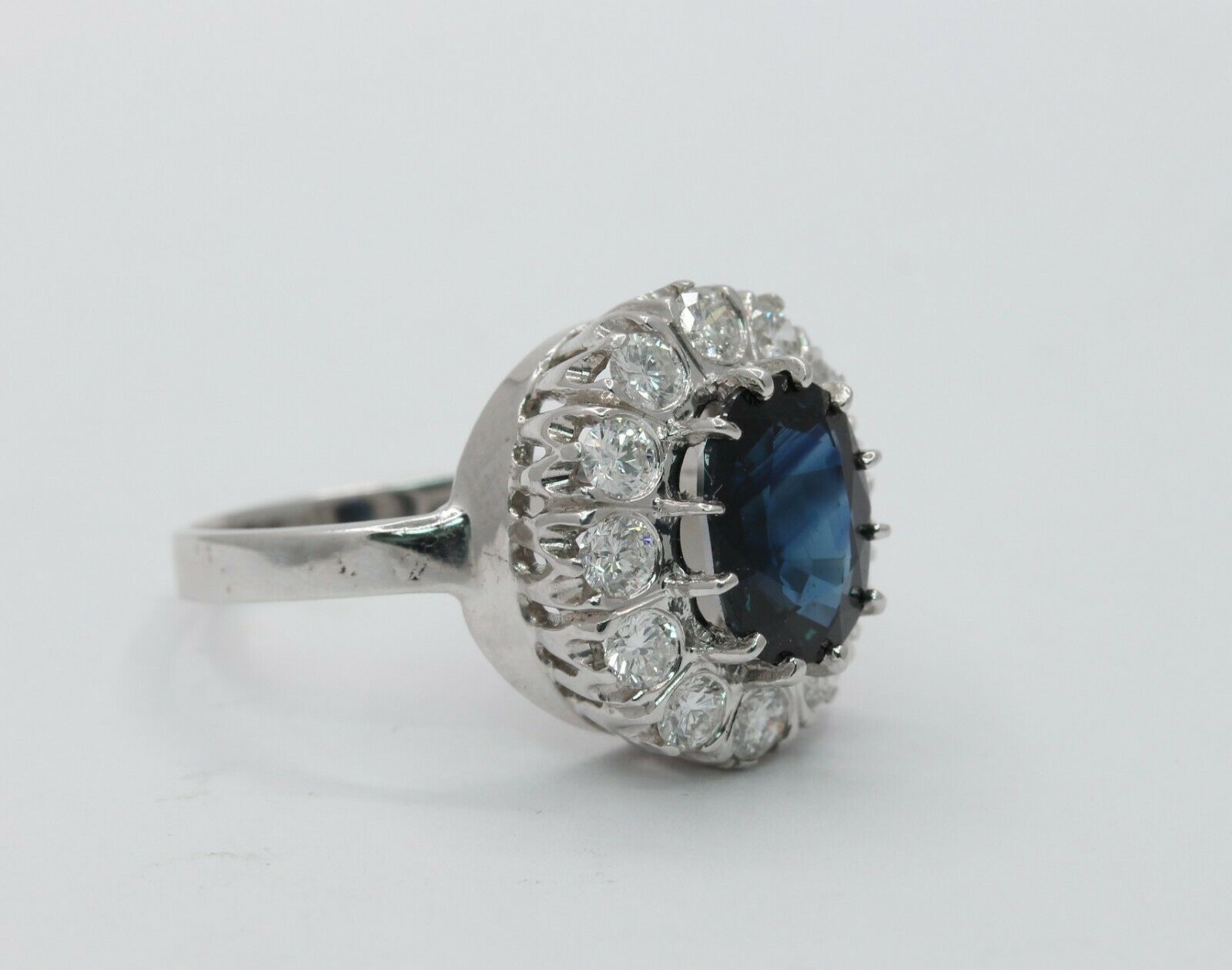 Vintage 14K White Gold Sapphire And  Diamond Halo Ring