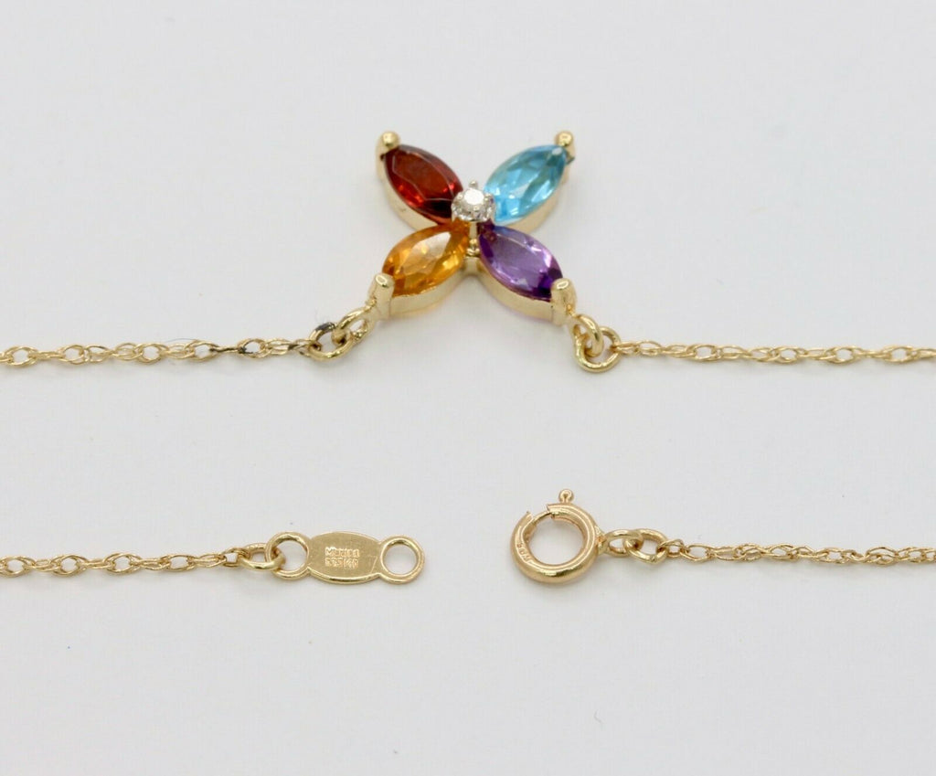 Vintage 14K Yellow Gold Four Leaf Flower Multi Stone Diamond Pendant