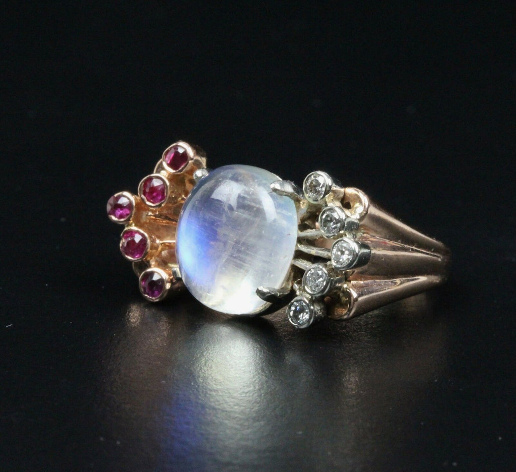 Retro 14K Rose Gold Moonstone Diamond Ruby Ring