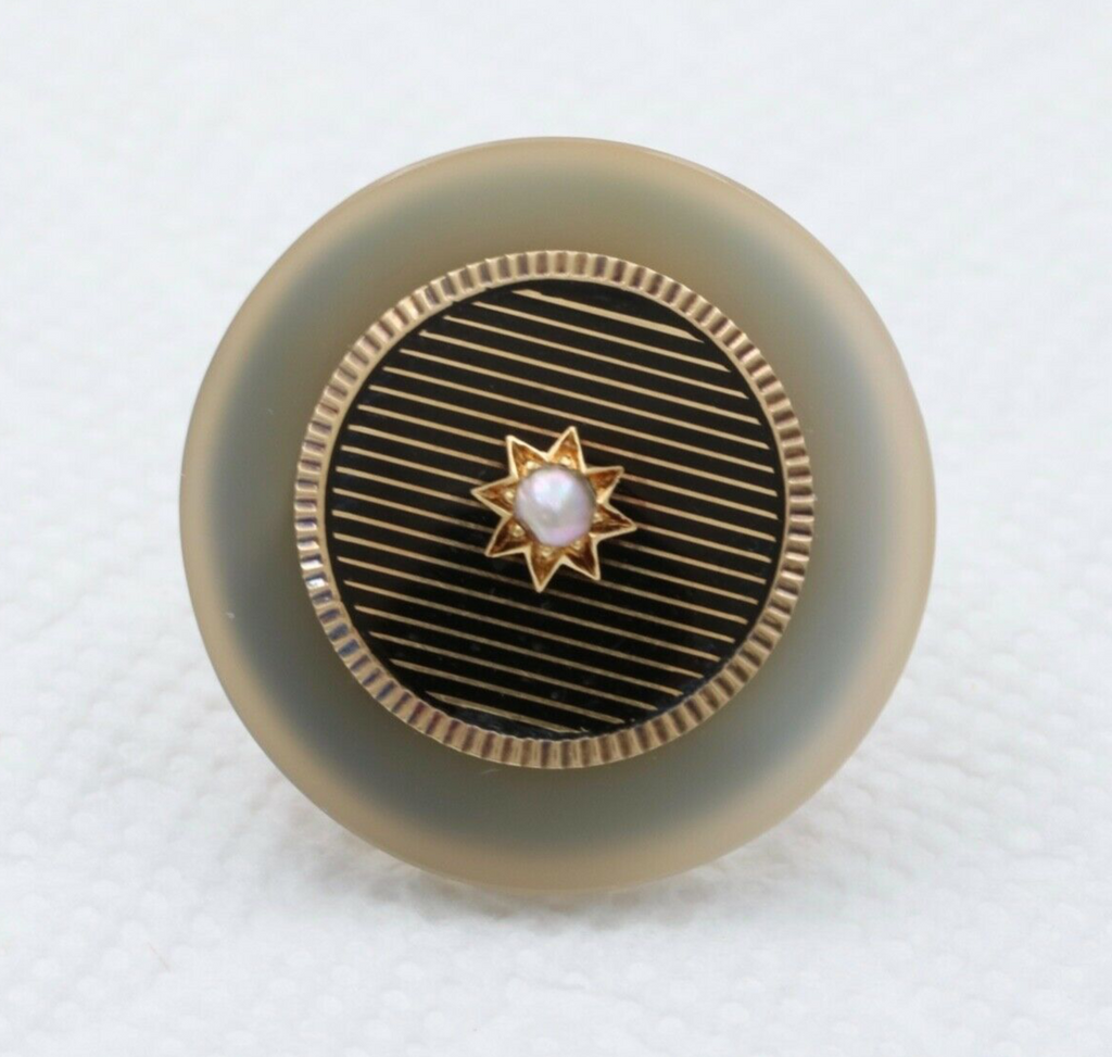 Antique 14K Yellow Gold White Agate Desic Black Enamel Brooch, Pendant
