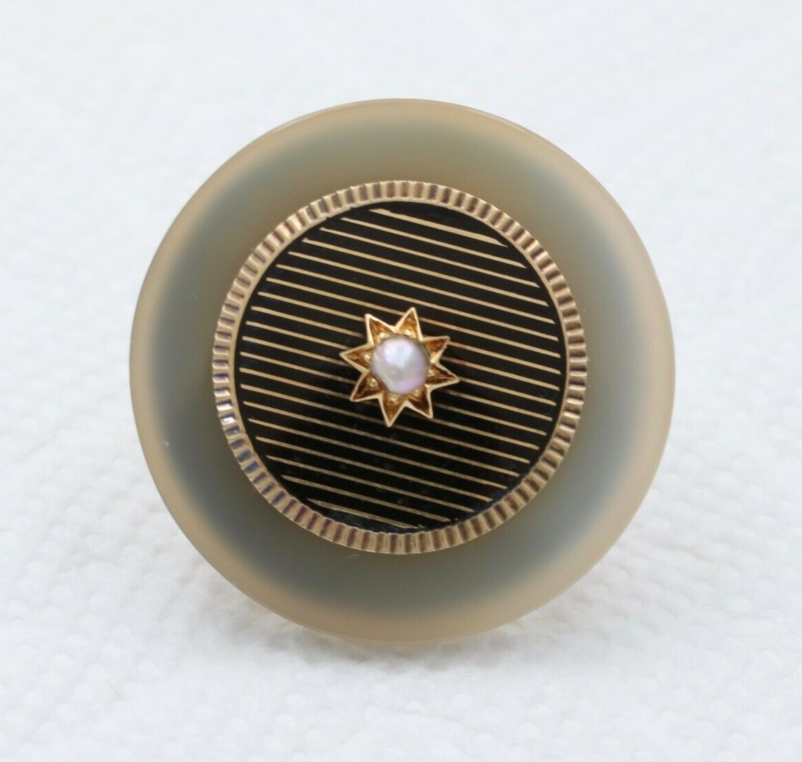 Antique 14K Yellow Gold White Agate Desic Black Enamel Brooch, Pendant