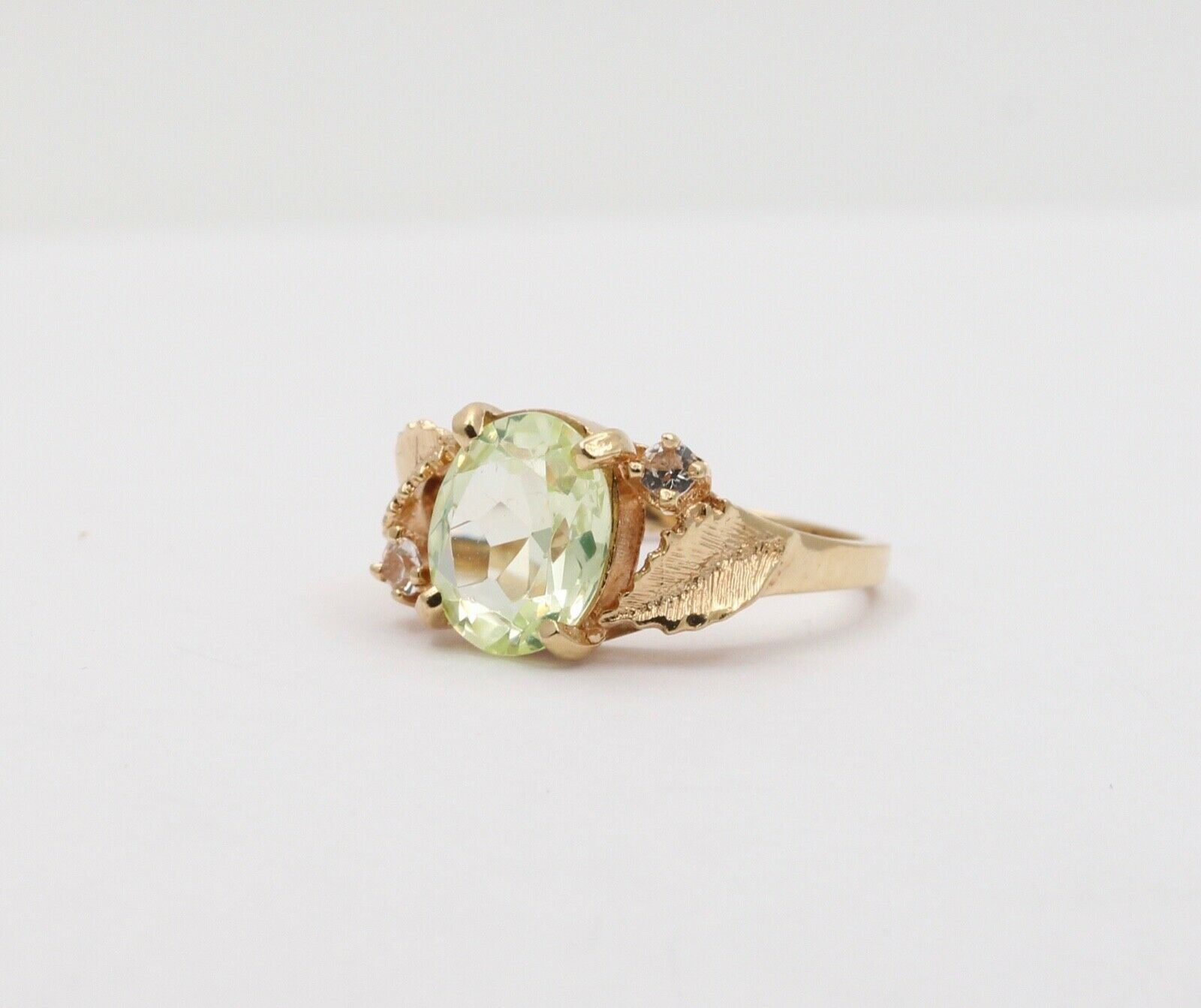 Vintage Leaf motif Man Made Lime yellow cushion cut stone and Diamond Gold Ring