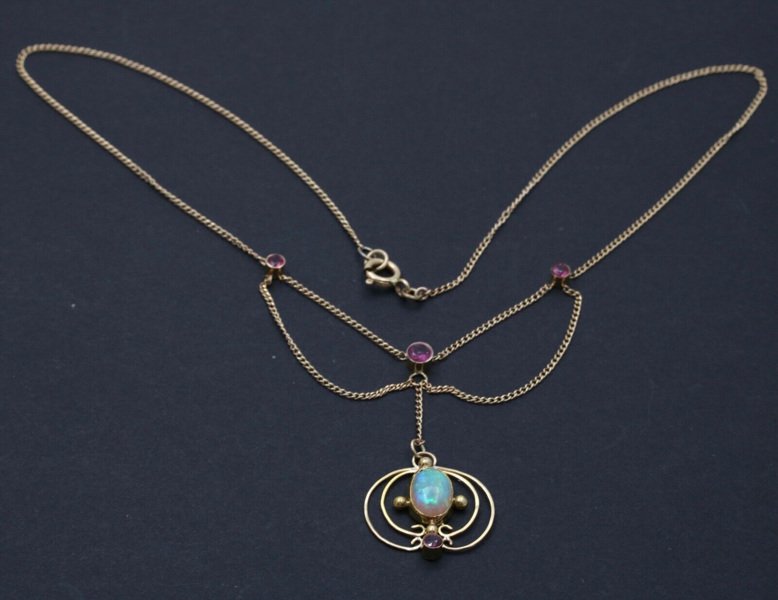 Art Nouveau 14K Yellow Gold Opal & Pink Tourmaline Festoon Necklace, Pendant.
