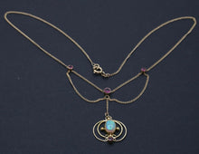 Load image into Gallery viewer, Art Nouveau 14K Yellow Gold Opal &amp; Pink Tourmaline Festoon Necklace Pendant .
