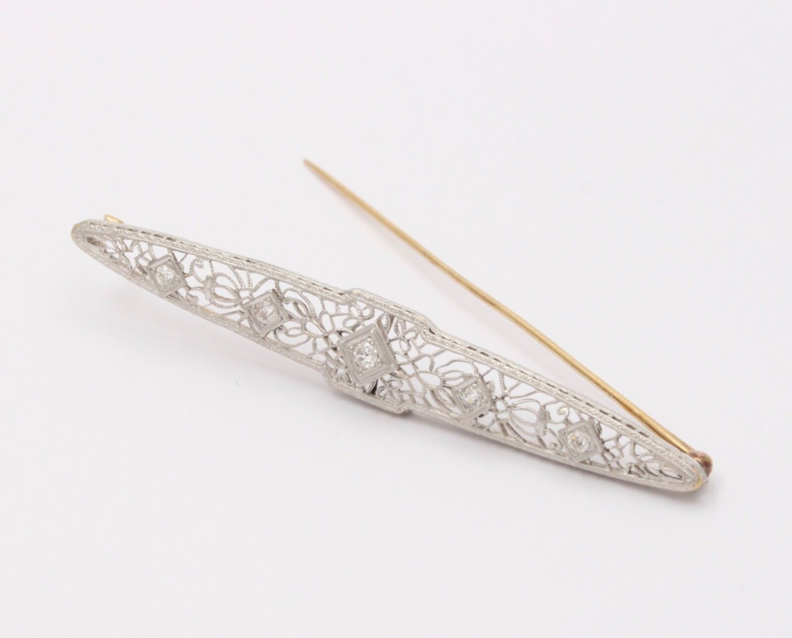 Art Deco Diamonds 14K White and Yellow Gold Brooch Pin