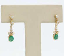 Load image into Gallery viewer, Vintage 14K Yellow Gold Emerald Diamond Drop Earrings
