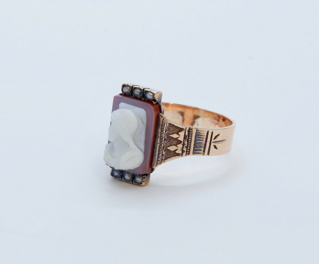 Victorian Ladies Carved Agate Cameo Seed Pearls 14K Rose Gold Ring