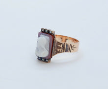 Load image into Gallery viewer, Victorian Ladies Carved Agate Cameo Seed Pearls 14K Rose Gold Ring
