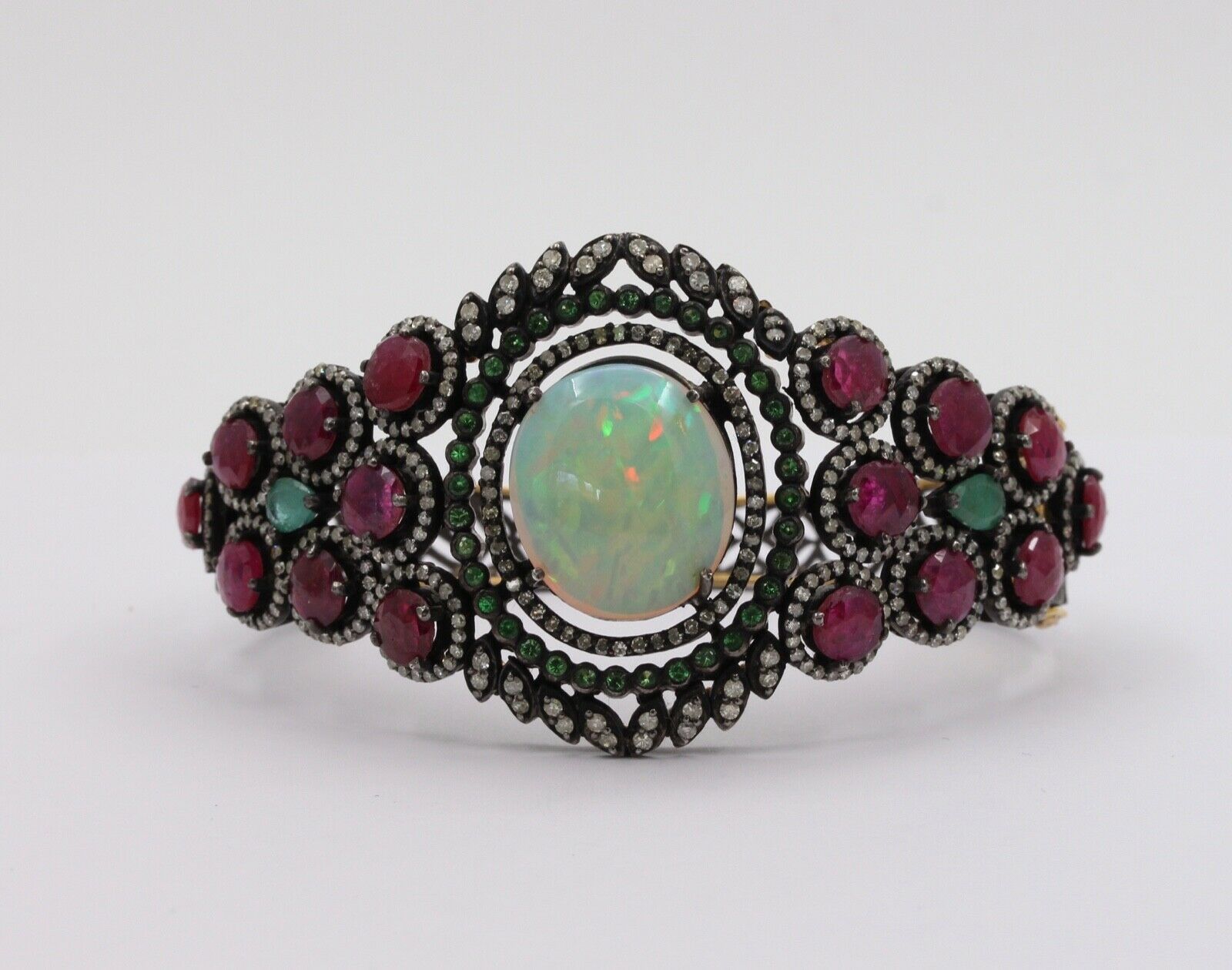 Victorian Revival Opal Rubies Emeralds Tsavorite Diamonds 14K Gold 925 Bangle