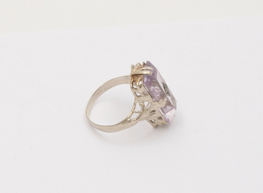 Art Deco Rose De France Amethyst Rose Cut Diamond 14K White Gold Ring