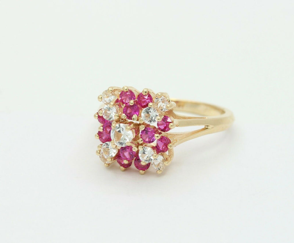 Cute 14K Yellow Gold Ruby CZ Cluster Ring