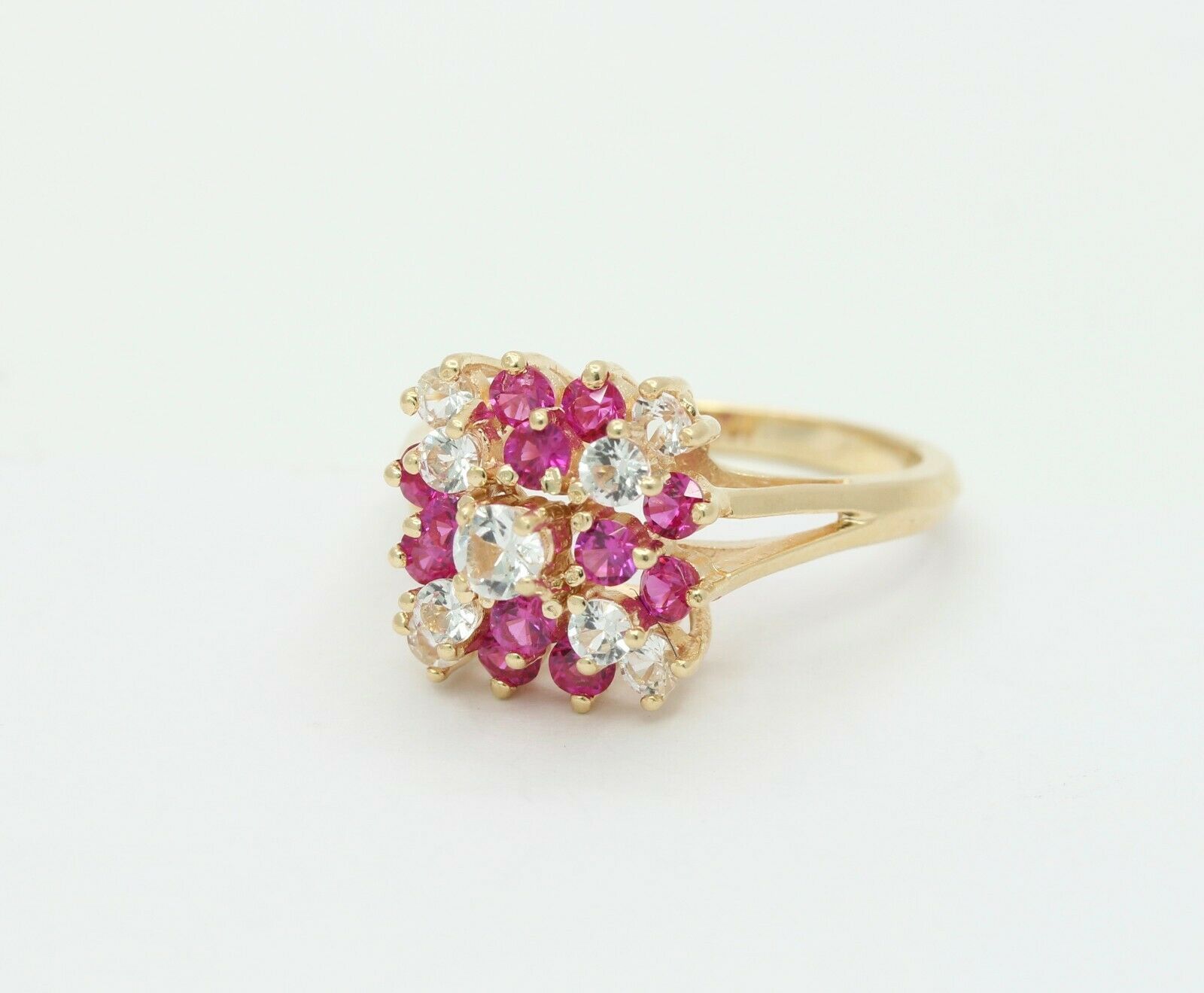 Cute 14K Yellow Gold Ruby CZ Cluster Ring