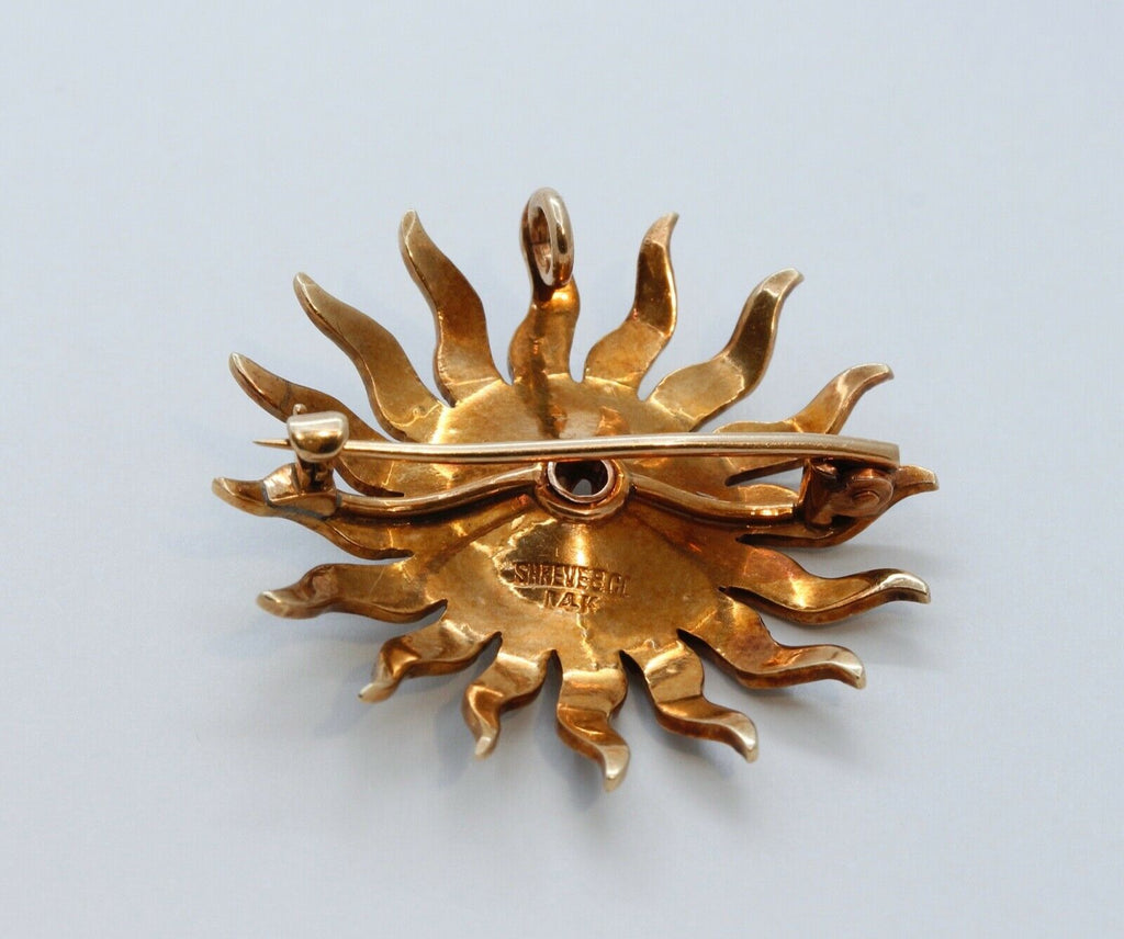 Victorian Shreve and Co Starburst 14K Yellow Gold Diamond Seed Pearls Brooch Pin