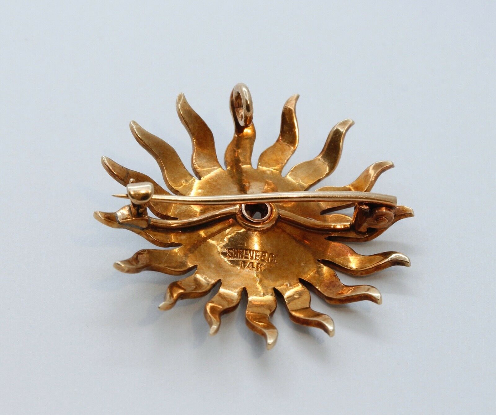 Victorian Shreve and Co Starburst 14K Yellow Gold Diamond Seed Pearls Brooch Pin