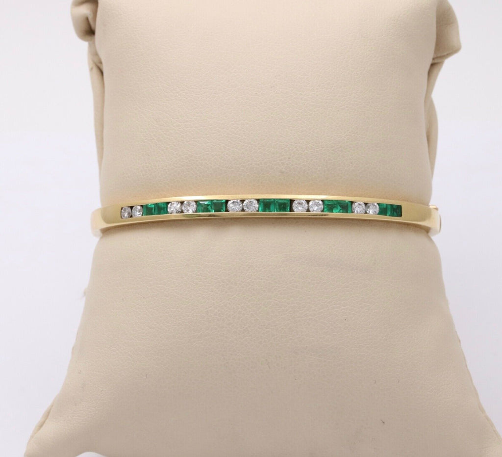 Vintage Emerald Diamond 18K Yellow Gold Bangle Bracelet