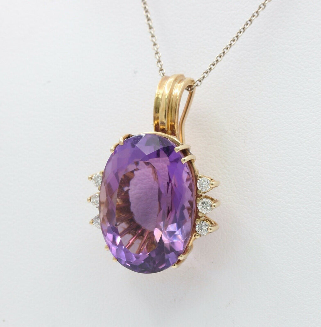 Vintage Ladies Amethyst Diamonds 14K Yellow Gold Pendant