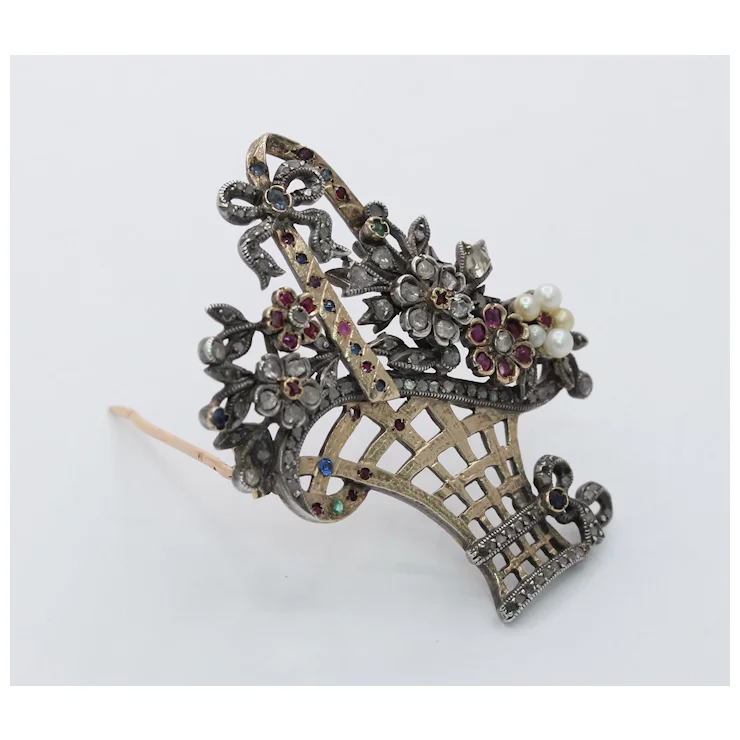 French Victorian Ladies Brooch Flower Basket 18K Ruby Diamonds Sapphires Pearl