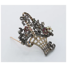 Load image into Gallery viewer, French Victorian Ladies Brooch Flower Basket 18K Ruby Diamonds Sapphires Pearl
