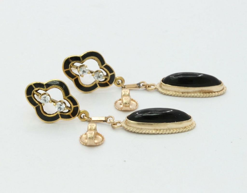 Vintage 14/18K Yellow Gold Enamel Onyx Diamond Hanging Earrings