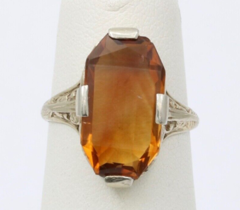 Antique Art Deco Citrine 14K White Gold Filigree Ring, Statement Ring