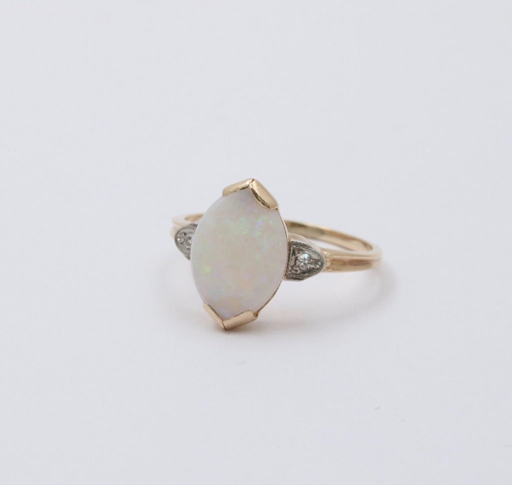 Art Deco 10K Yellow Gold Opal & Diamond Ring