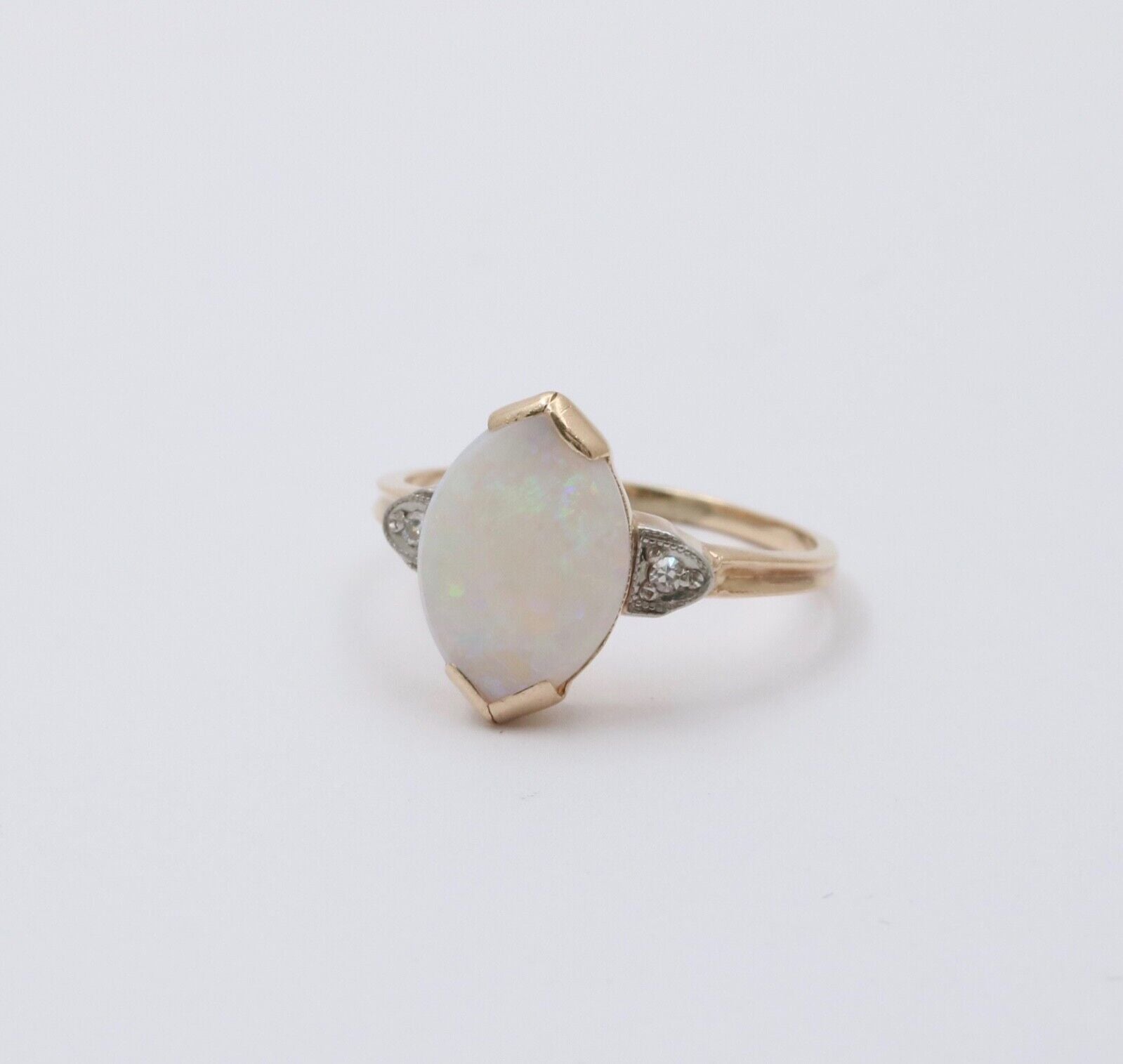 Art Deco 10K Yellow Gold Opal & Diamond Ring