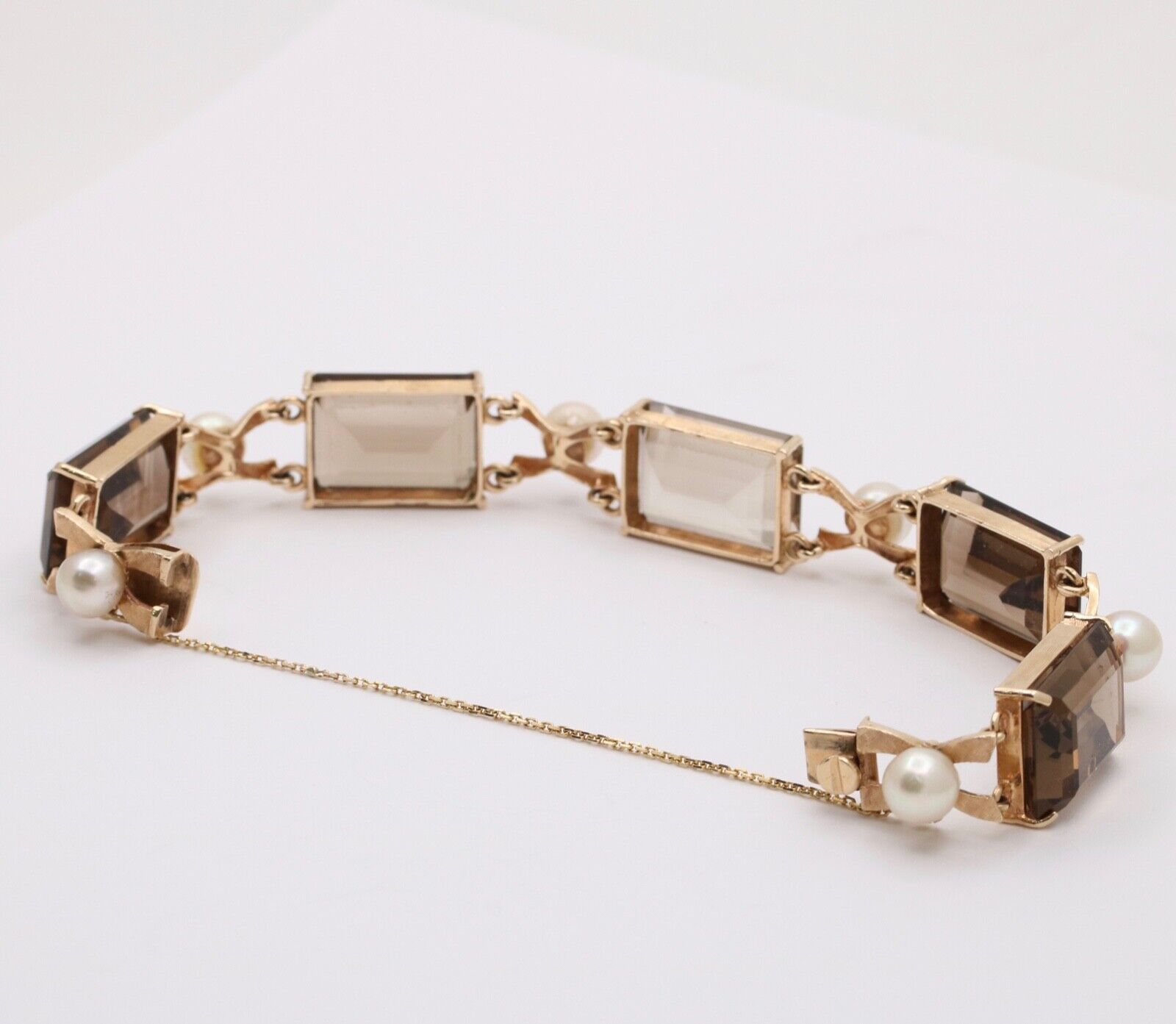Vintage 14K Yellow Gold Smoky Topaz & Pearl Bracelet