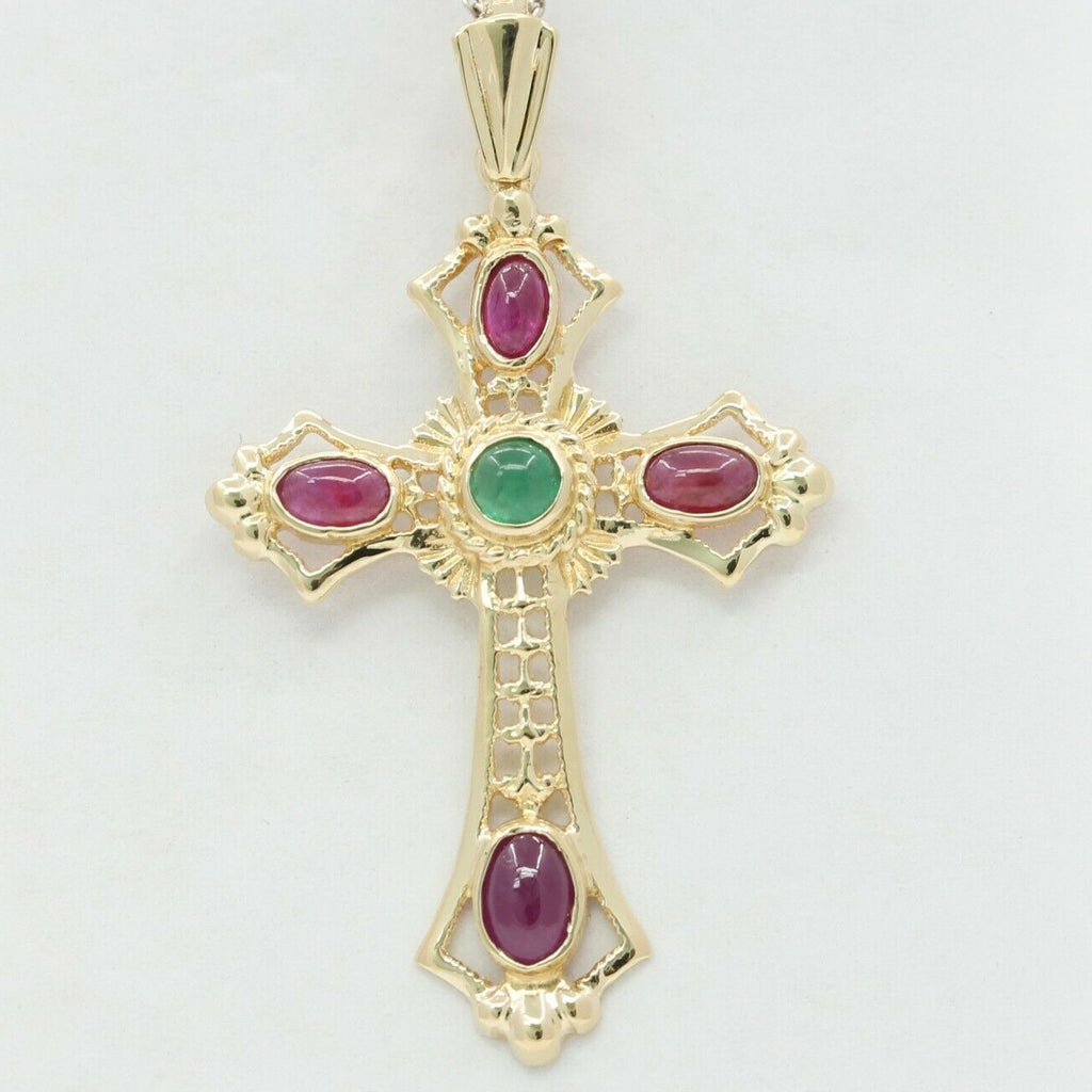 Vintage 14K Yellow Gold Emerald Ruby Portuguese Cross Pendant