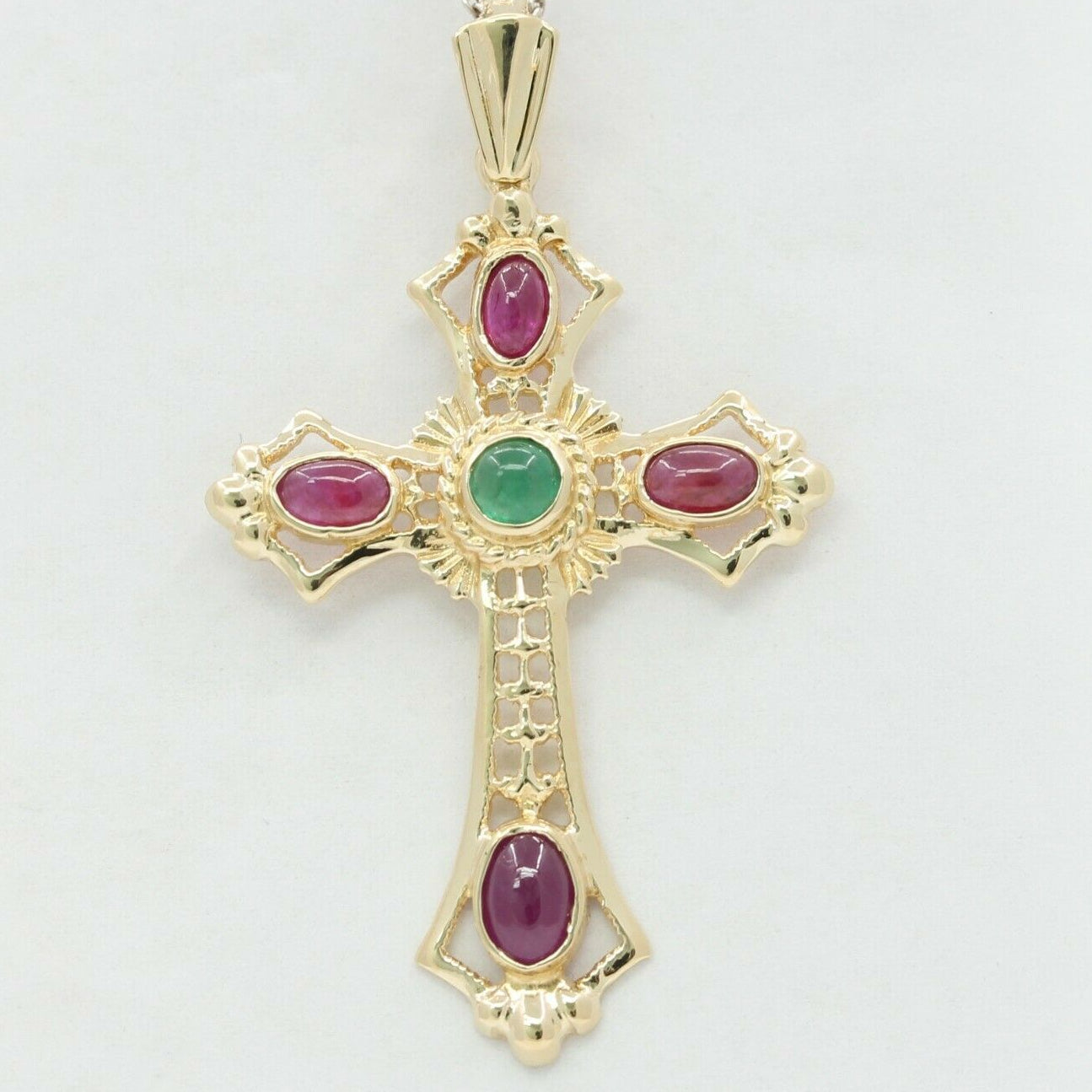 Vintage 14K Yellow Gold Emerald Ruby Portuguese Cross Pendant
