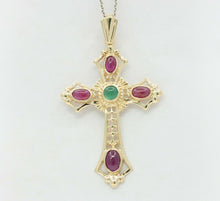 Load image into Gallery viewer, Vintage 14K Yellow Gold Emerald Ruby Cross Pendant
