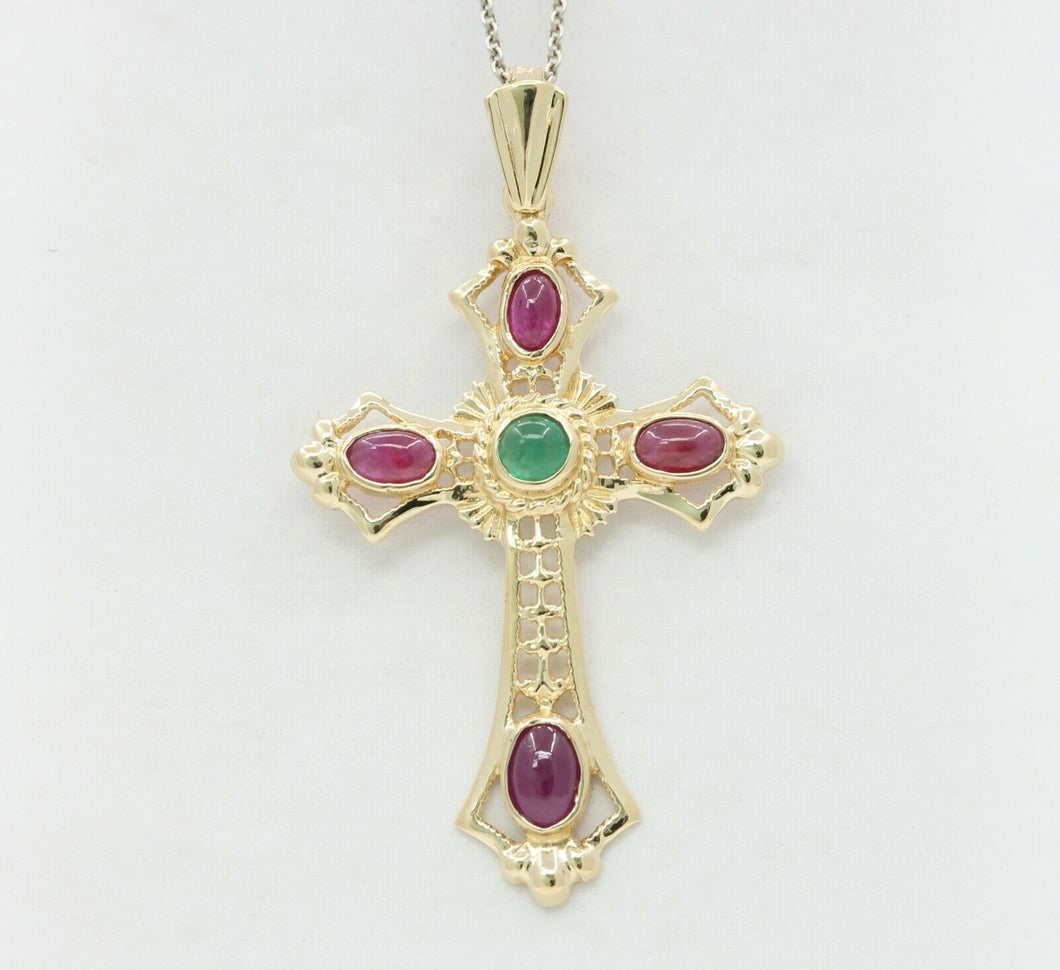 Vintage 14K Yellow Gold Emerald Ruby Cross Pendant