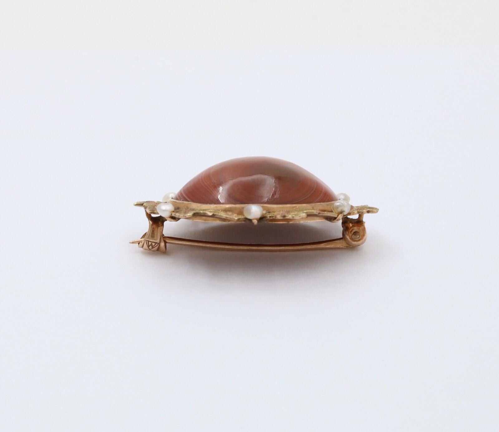 Art Nouveau Agate Seed Pearls 10K Yellow Gold Brooch Pin