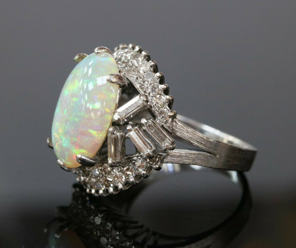 Vintage 1960's Australian Opal and Diamond 14K White Gold Statement Ring