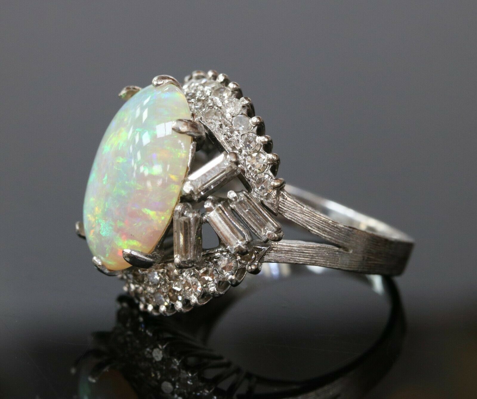 Vintage 1960's Australian Opal and Diamond 14K White Gold Statement Ring