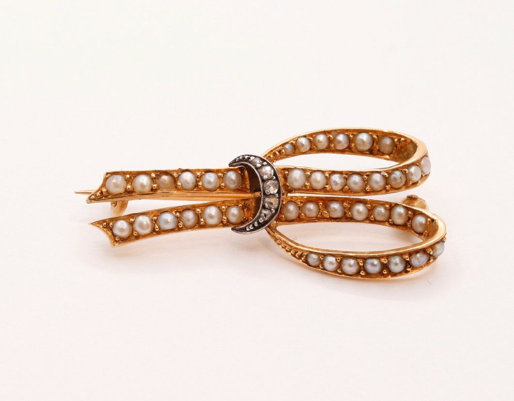 Victorian Ribbon 18K Yellow White Gold Diamonds Seed Pearls Brooch Pin