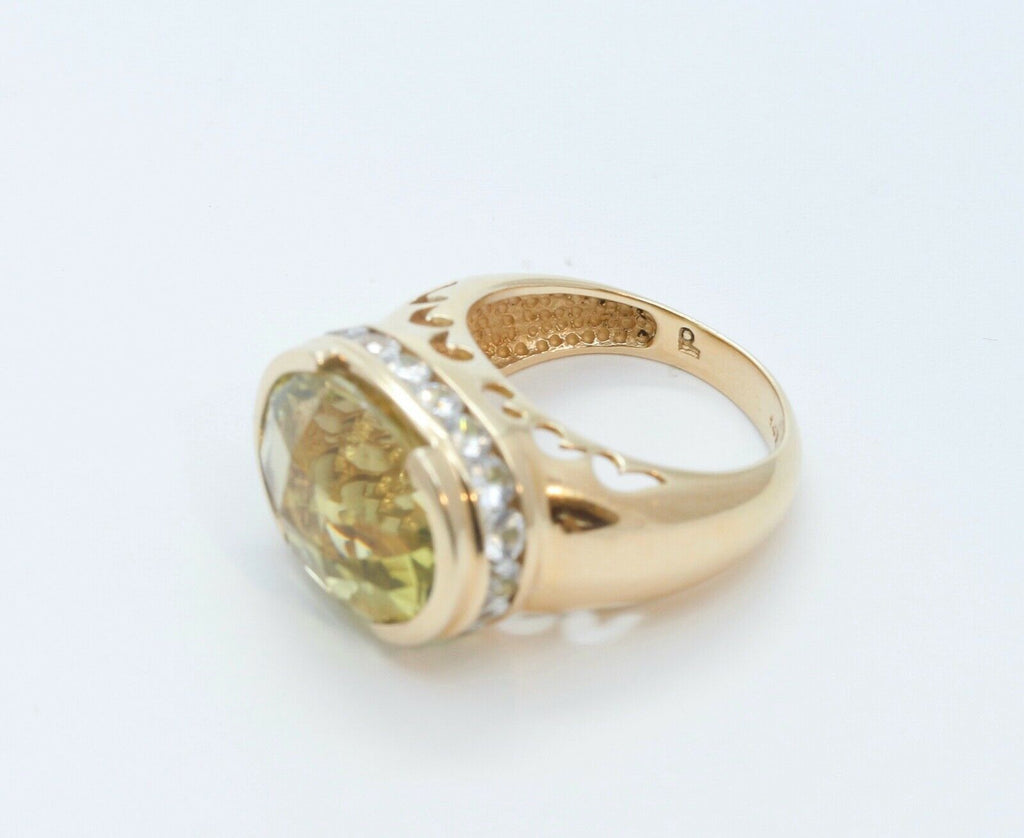 Large Statement Ladies Lemon Green Quartz Diamonds 14K Yellow Gold Ring