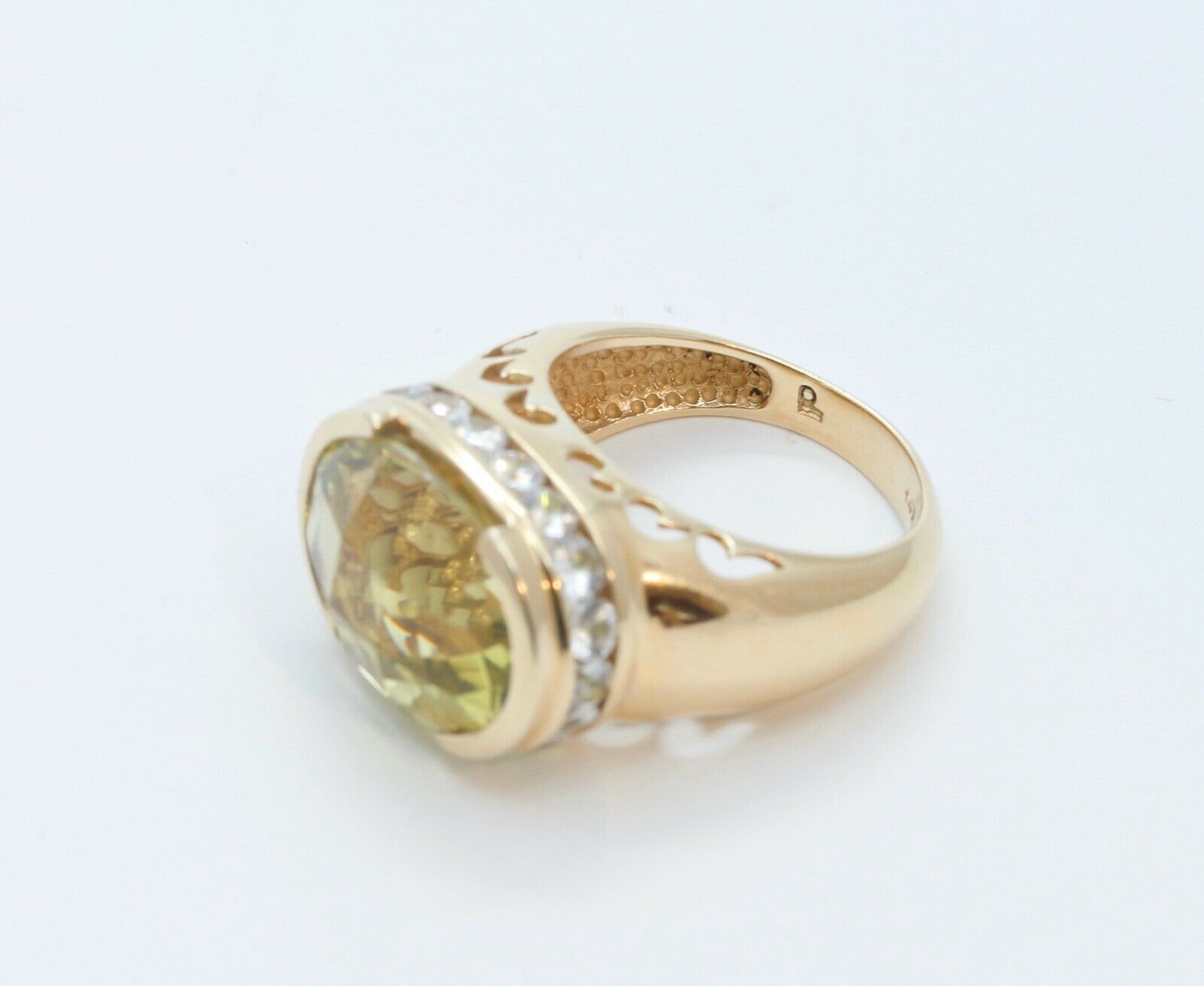 Large Statement Ladies Lemon Green Quartz Diamonds 14K Yellow Gold Ring
