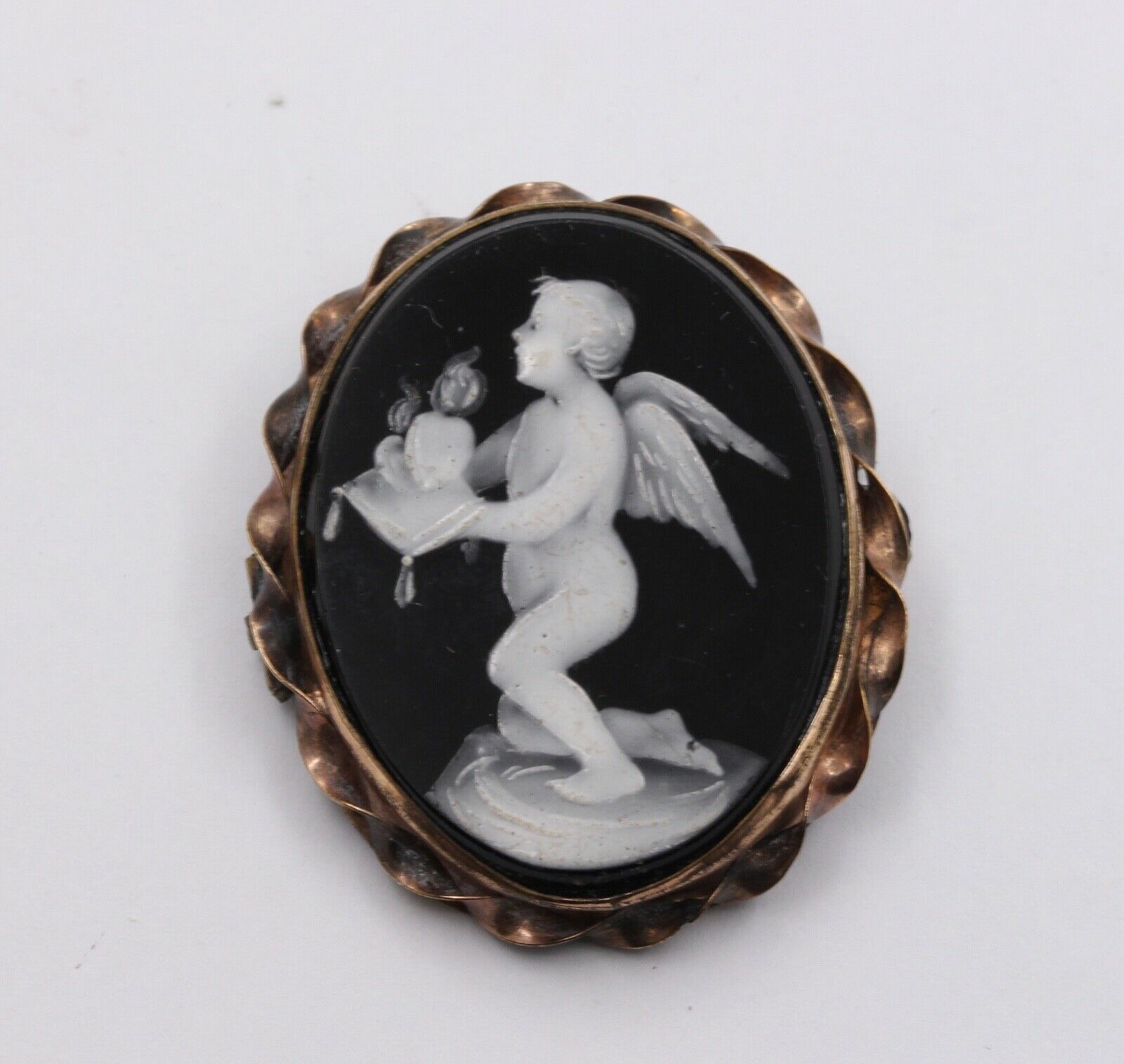 Victorian Cherub Angel Enamel 10K Rose Gold Brooch