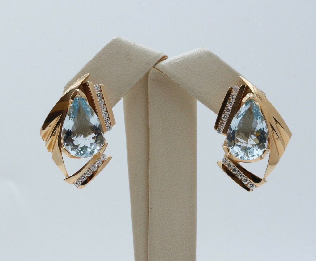 Luxury Earrings!!!! Large Pear Aquamarines Diamonds 14K Yellow Gold Earrings