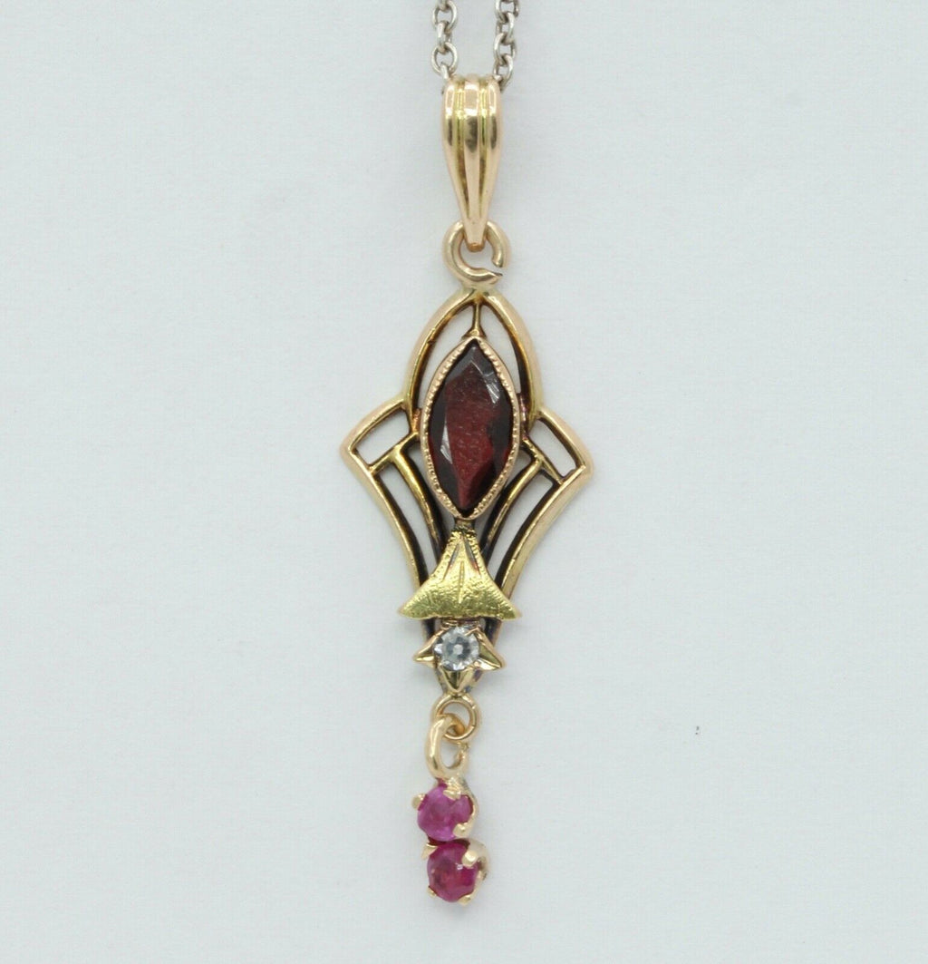 Art Nouveau Ruby Diamonds Garnet 10K Gold Pendant