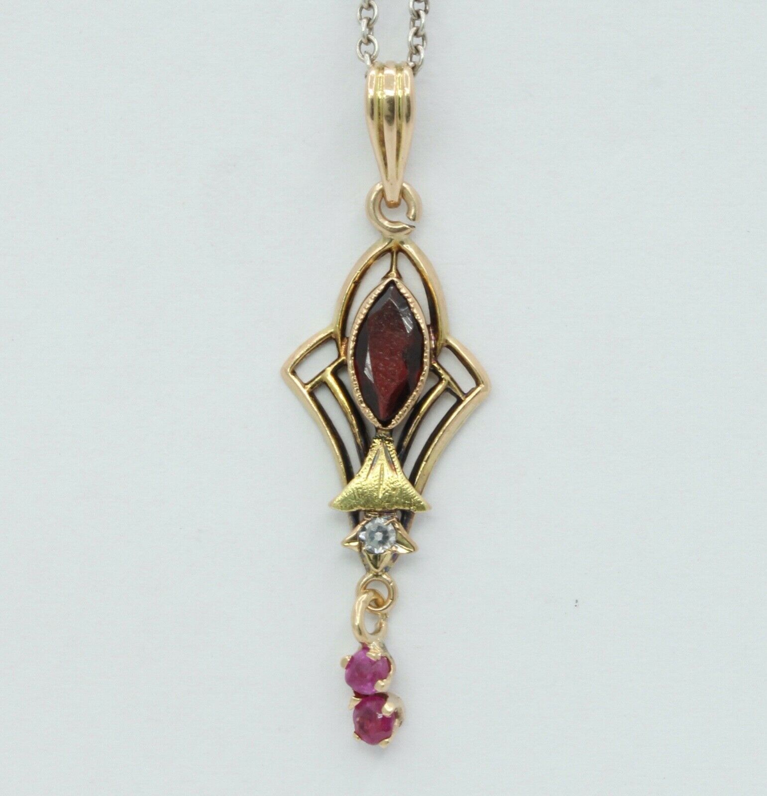 Art Nouveau Ruby Diamonds Garnet 10K Gold Pendant