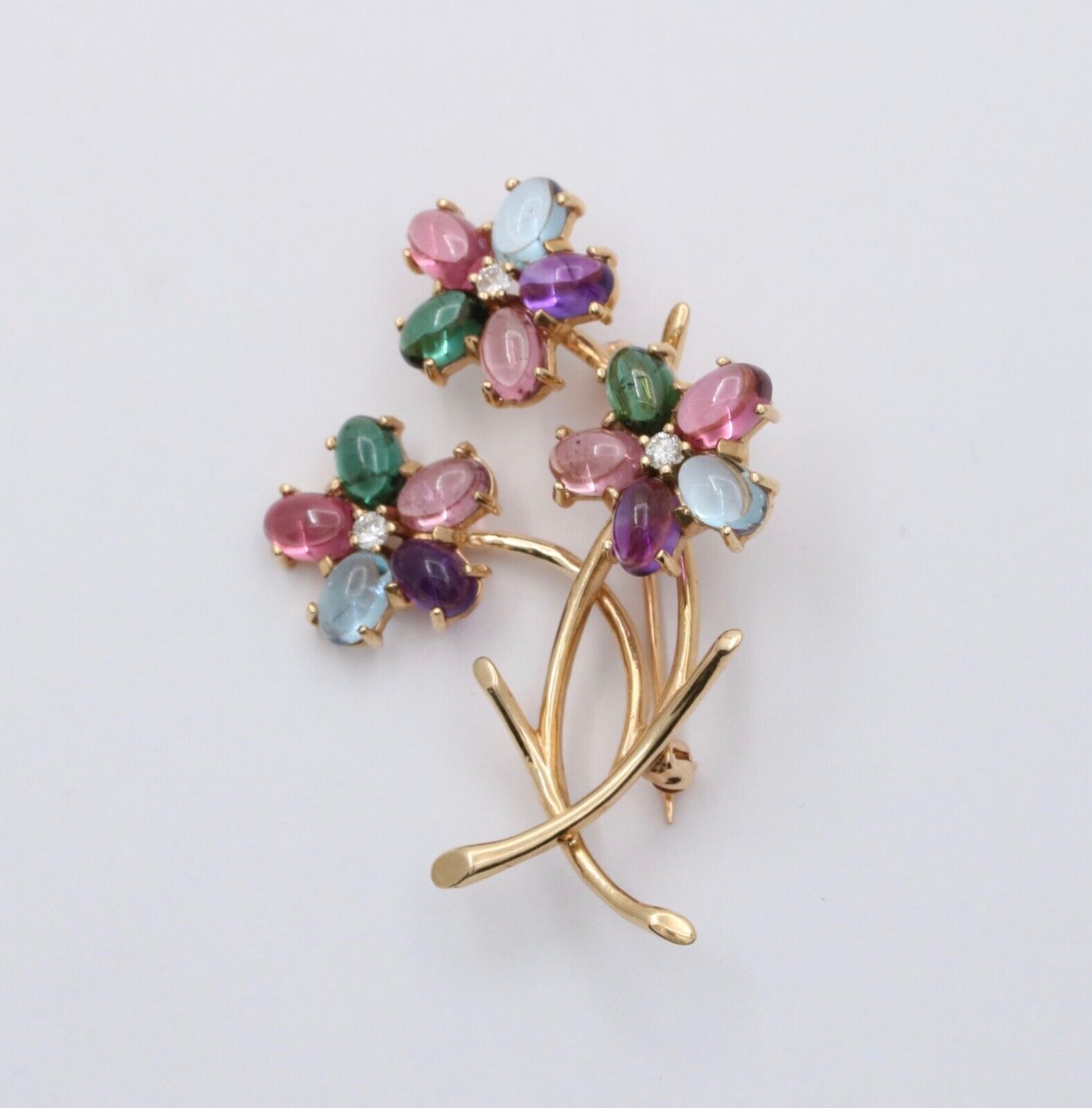 Vintage 14K Gold Multi Color Stones Diamond Flower Bouquet Brooch. Pin.