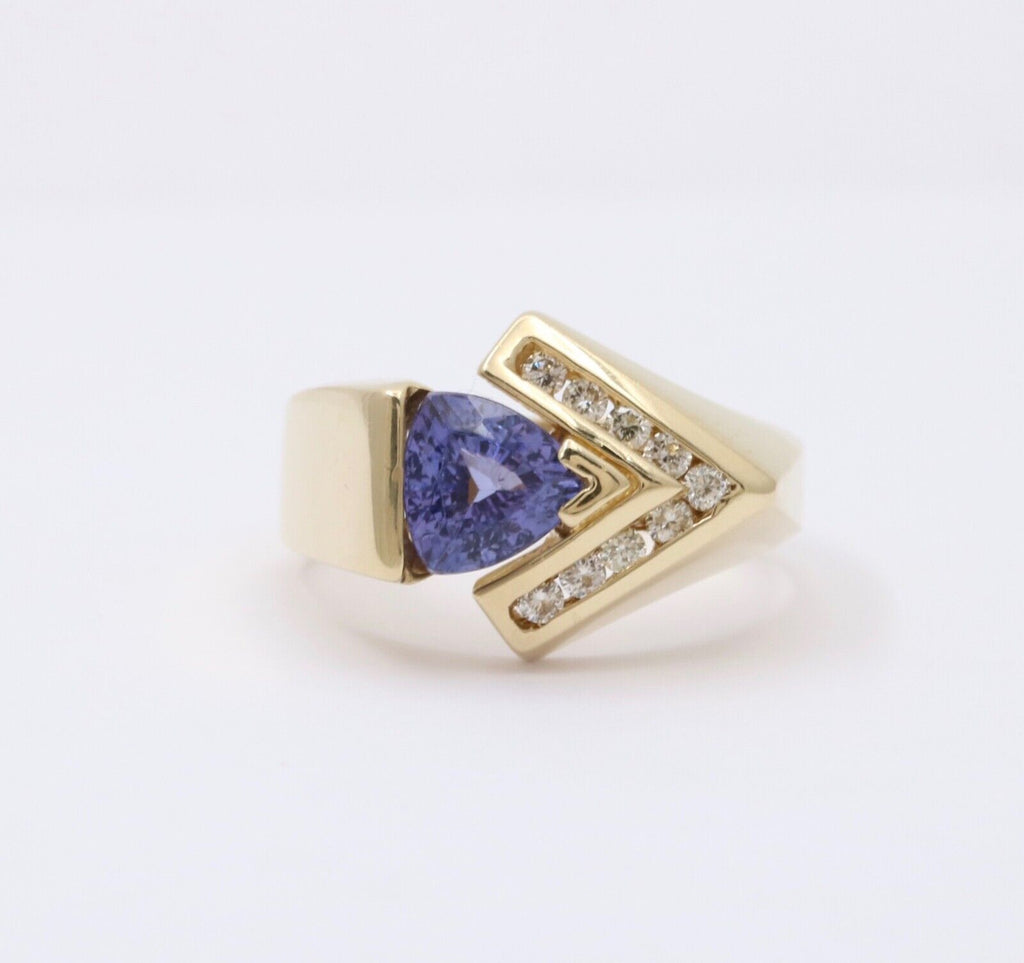 Vintage 14K Gold Geometric Tanzanite And Diamond Ring Band