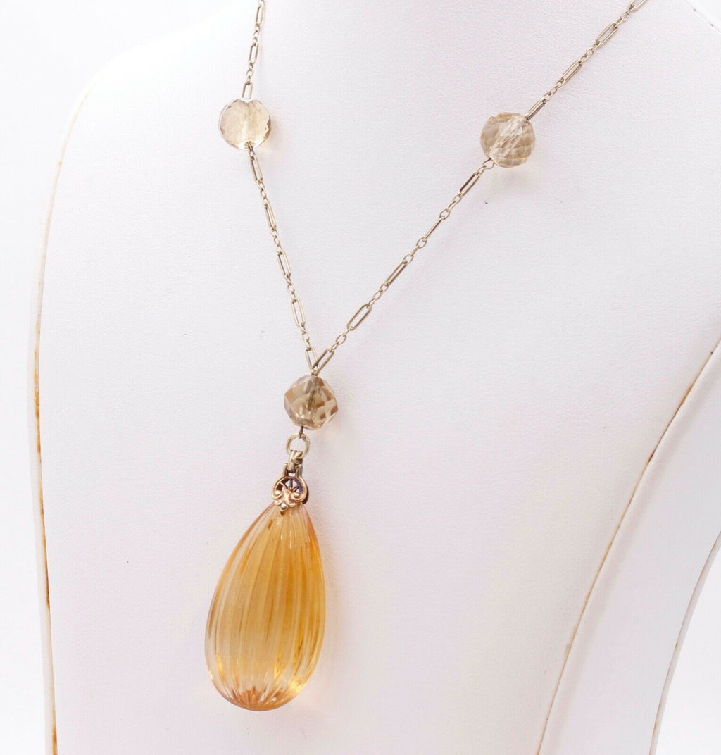 Edwardian Teardrop Citrine 14K Yellow Gold Pendant and Chain