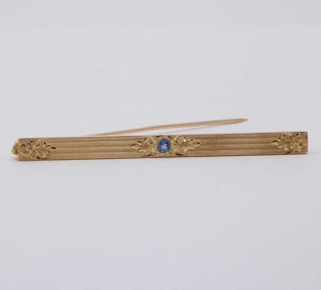 Art Deco Sapphire 14K Yellow Gold Bar Brooch Pin