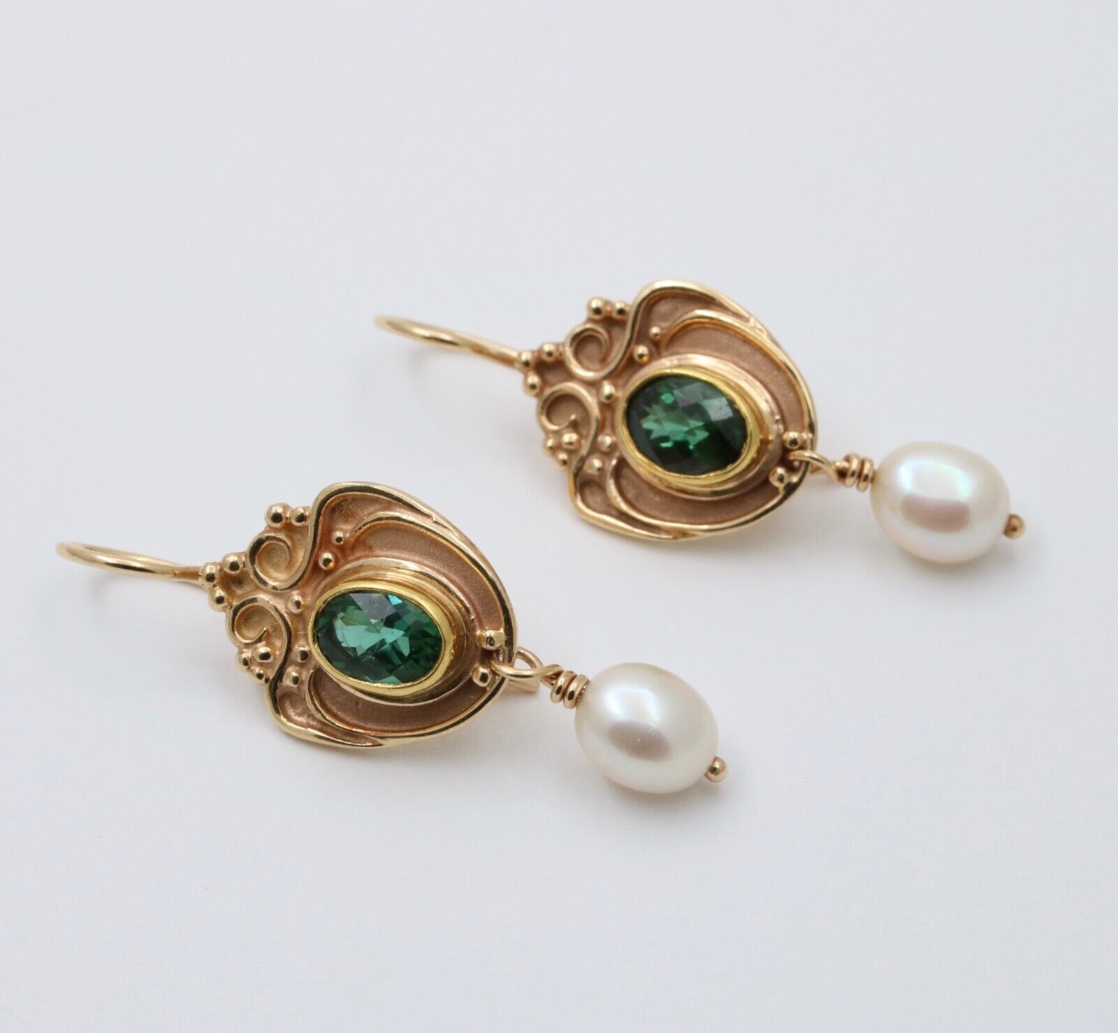 Vintage 14K Yellow Gold Green Tourmaline & Pearl Dangling Earrings