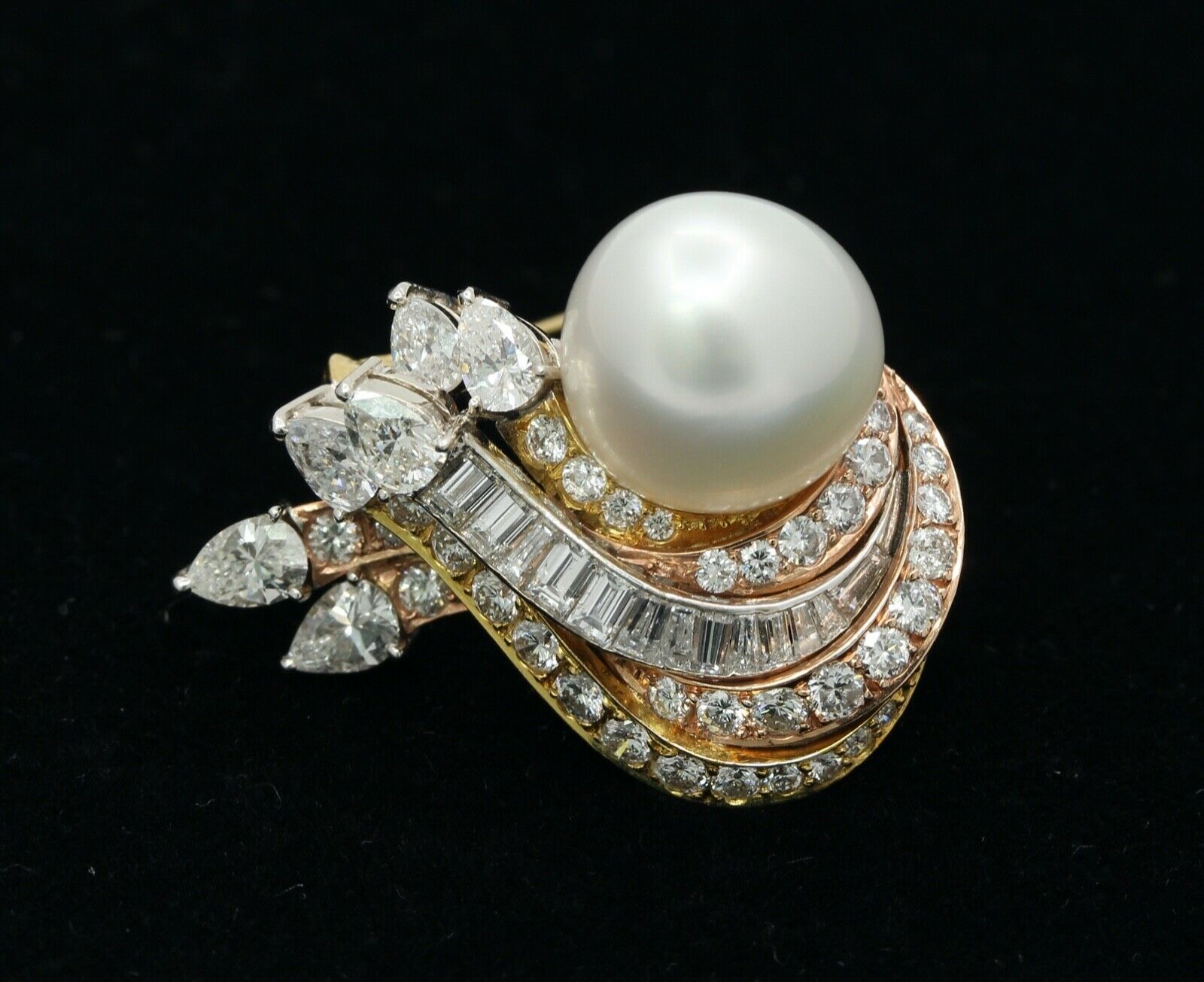 Vintage 14K Rose Yellow White Gold Diamonds 12.6MM Pearl Brooch Pin
