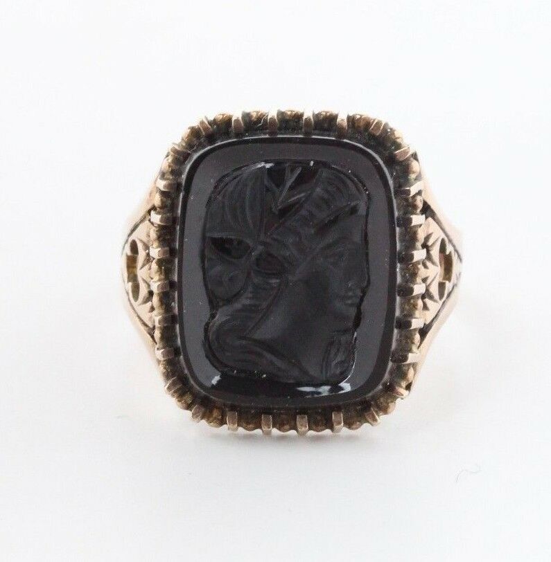 Vintage Onyx Intaglio Men's Ladies Unisex Portrait 10K Yellow Gold Ring