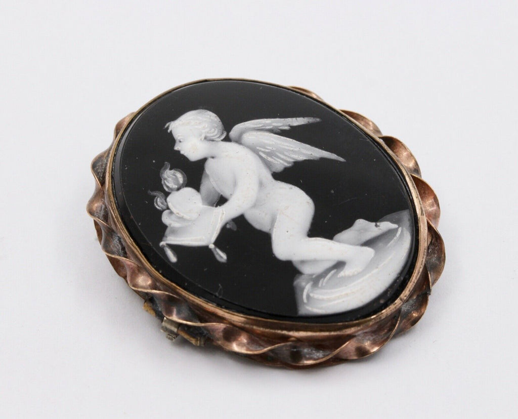 Victorian Cherub Angel Enamel 10K Rose Gold Brooch